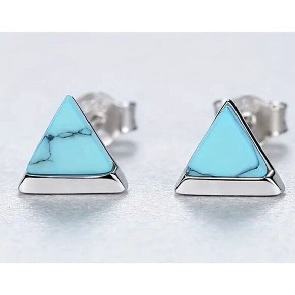 925 Sterling Silver Turquoise Triangle Stud Earrings Modern Minimalist - Picture 1 of 6